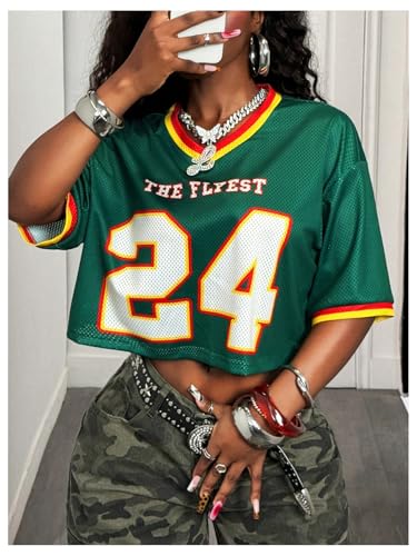 Milumia Women's Crop Jersey Shirts Y2k Number Graphic V Neck Half Sleeve Mesh T Shirt Streetwear Tee Tops4