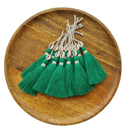 Image of Zippy Flora Handmade Cotton Tassels with Cowrie Shells for DIY & Crafts Project, Pack of 10 (Dark Green)