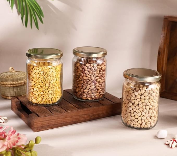 Image of Glassbunny Kitchen Storage Glass Jar For Kitchen With Air Tight Golden Cap, 500ml Glass Jar with Rust Proof Lid, Suitable to use in Your Home Office, Kitchen Storage Pack of 3