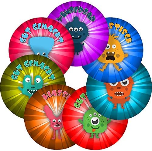 Funny Monsters German Lessons Reward Sticker Labels, 70 Stickers @ 1" inch, Glossy Photo Quality, Ideal for Children Parents Teachers Schools Doctors Nurses Opticians