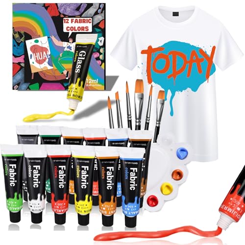 Hual Fabric Paint Set for Clothes with 6 Brushes, 1 Palette, 12 Colors (12ml, 0.4oz) - Permanent Textile Paint Puffy Paint Kit for Shoes, Canvas - Non-Toxic...