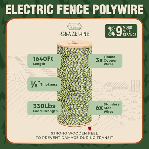 Image of Electric Fence Polywire 9-Strands 1 /8 inch 1640ft - Hot Wire 0.3 Ohm Resistance | 330lb Strength Tinned Copper & Stainless Steel - Suitable for Horses Livestock Rotational Grazing & Pasture Electric Fencing