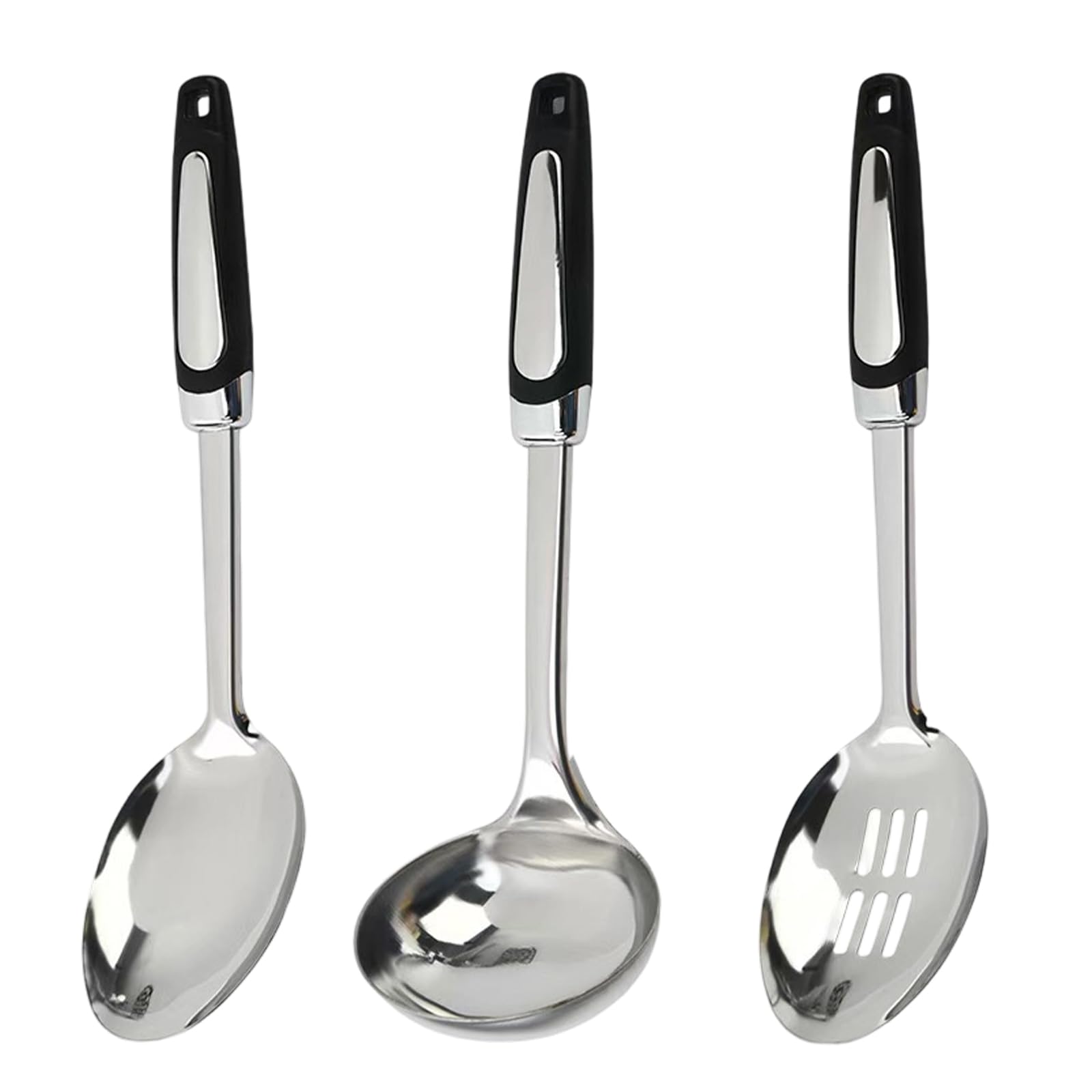 Set di 3 Cucchiai da Cucina in Acciaio Inox, Utensili da Cucina con Manico Ergonomico, Include Mestolo, Cucchiaio Solido e Schiumarola per Cottura e Servizio, Casa e Ristorante