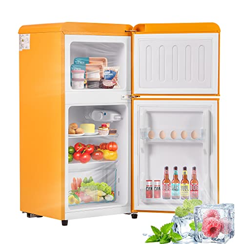 Oslghy Frigorífico Mini 60L, Frigorifico Pequeño con Congelador (22L+38L), Frigorifico Combi con LED luz, 88,8x45,5x42 cm Frigorífico no Frost con Estantes Ajustables, 102 kWh/año, -27°C∽13°C (Yellow)