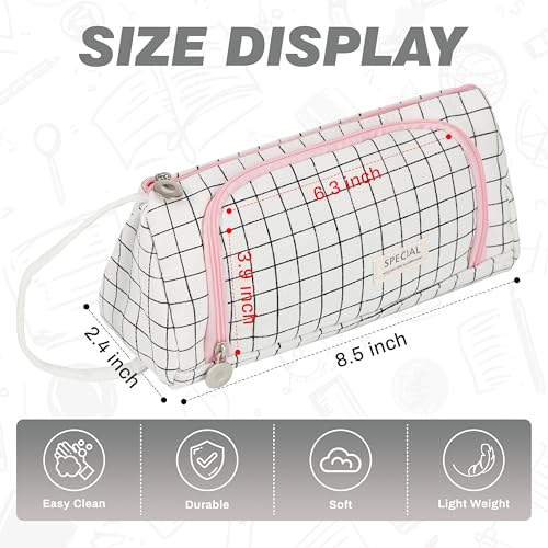 Image of Zzrywuty Big Pencil Case Pouch Large Capacity Soft Quilted Pen Bag for Teens Girls Adults Student Simple Stationery Bag School College Office (White Checkered)