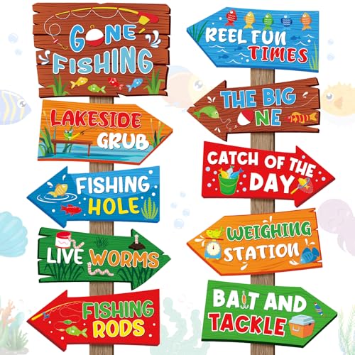 Image of Hooqict 20 Pieces Gone Fishing Sign Fishing Birthday Party Decorations Welcome Direction Signs for Kids Summer Birthday Party Supplies Retirement Decorations Baby Shower Fish Cutouts