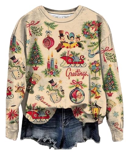 NITRFLA Women Christmas Cartoon Fun Gift Casual Sweatshirt Xmas Novelty Ugly Casual Pullover Fall Sweatshit Gift(Apricot,M)