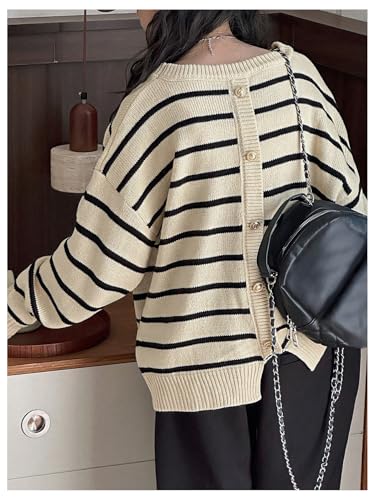 Girl's Striped Button Back Sweater Crewneck Long Sleeve Drop Shoulder Knit Jumper Tops2