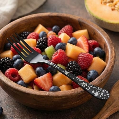 Image of 6.7 inch Charcoal Black Salad Forks with Floral Printed Handle | Set of 5 Durable Stainless Steel Fruit Forks | Mirror Polished Silverware for Home, Restaurants, and Gift Giving