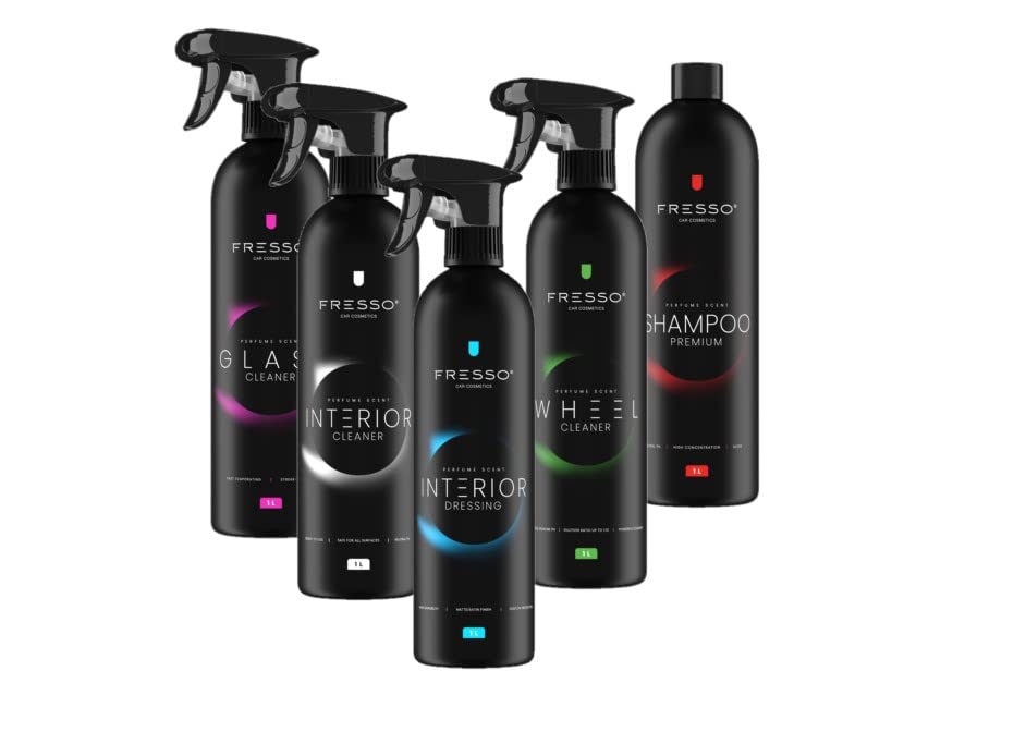 FRESSO Autopflege STARTER Kit- Premium Pflegeprodukte - Innenraumreiniger - Cockpitreiniger - Außenpflege - Felgenreiniger- Glasreninger (1 Liter)