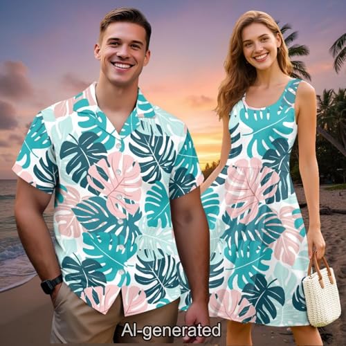 Image of Dreaweet Summer Dresses for Women A-Line Sleeveless Flowy Sun Dresses,Men's Casual Button-Down Shirts,Couple Matching Outfits