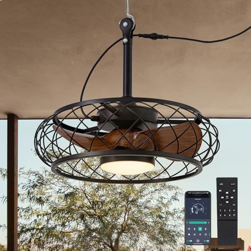 CROSSIO 20'' Outdoor Ceiling Fans with Lights, Gazebo Fan Wet Rated Remote&APP Control, Plug in Ceiling Fan for Patios, Pergola, Ceiling Fan with Remote Control, Hanging with Hook,Black