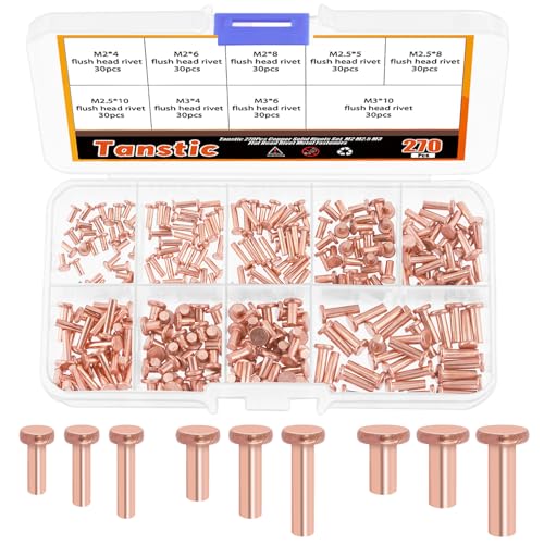 Tanstic Lot de 270 rivets à tête plate en cuivre massif, M2 x 4/6/8, M2,5 x 5/8/10, M3 x 4/6/10, rivets en cuivre massif pour applications électriques...