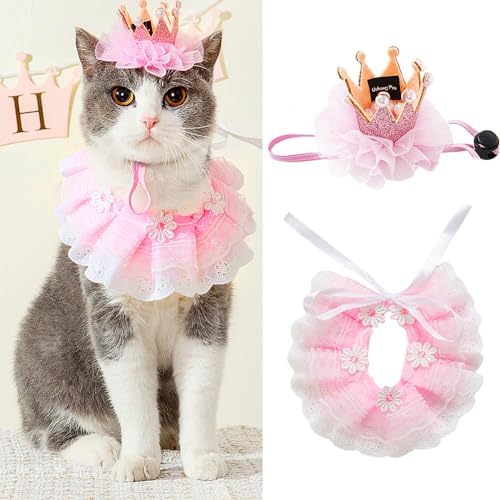 Cat Princess Costumes Pink Cat Crown Hat & Pink Lace Bandana Scarf Set, Puppy Part Hat for Small Dogs & Cat, Pink Outfit for Cats and Small Dogs Birthday Party