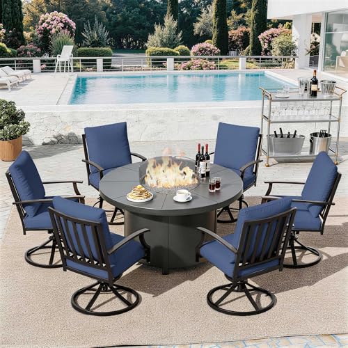 Trumbeak 7 Piece Metal Outdoor Patio Furniture Set with 48"/55000 BTU Round Fire Pit Table,Outdoor Dining Table Set 6 Swivel Chairs No-Slip Cushions and Waterproof Covers,Navy