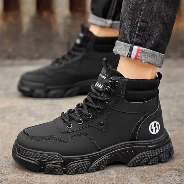 Men Fashion Buckle Sport Hiking Boots,Men High Top Lace-up Shoes for Motorcycle Hiking Outdoor Sneakers Long Lasting