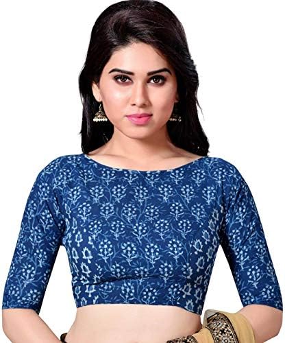 STUDIO Shringaar Latest Pure Cotton Blue Jaipuri Block Printed Womens Saree Blouse with Boat Neck and Elbow Length Sleeves, Size 38, Indigo Blue, 38