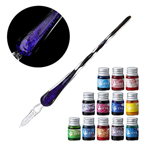 Molshine Glass Dip Pen with Ink Set,Crystal Calligraphy Dipped Pen,12 Colors of Ink,for Art Sketching,Drawing,Writing,Gifts,Signatures,Desktop Decorative Ornaments (Ocean Blue)