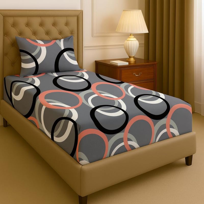 Image of Pure Cotton All Round Elastic Fitted Bedsheets with 1 Pillow Cover | Single Mattress Bed Breathable| Longlasting | Supersoft Size - 36 x 72 + 6 inches (Abstract, Color -Charcoal Grey)