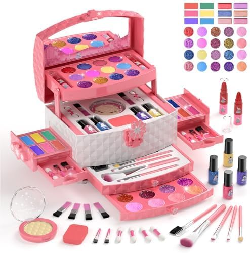 PERRYHOME Pretend Play Fake Makeup Kit for Little Girls: Fake (Not Real) - includes Hair Accessories, Princess Bag, Sunglasses, Brush, Toddler Gift Set Pink Set (Not Real)