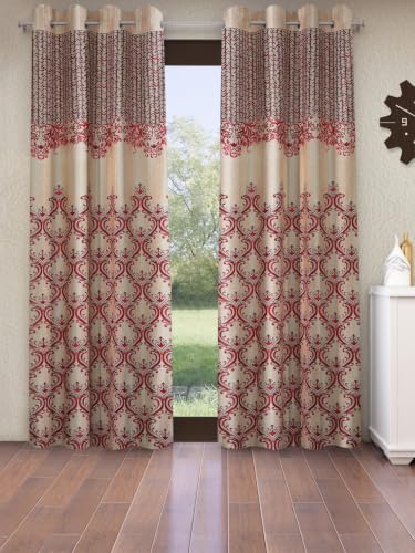 Image of Home Sizzler 2 Pieces Regal Damask Grommet Polyester Door Curtain - 7 Feet, Maroon
