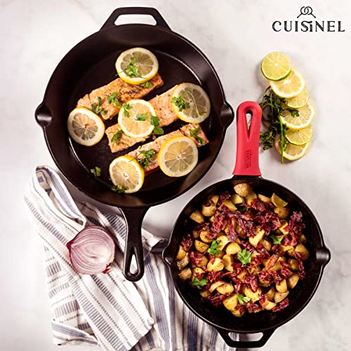 Image of Cuisinel Cast Iron Skillets Set - 10 inch + 12 inch-Inch Pre-Seasoned Frying Pans + Removable Silicone Handle Holder Grips + Pan Scraper - Oven-Safe Cookware Kit + Accessories + Handle Helper
