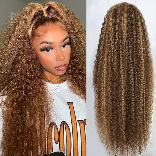 Image of 24inch Highlight Ombre Lace Front Wig Human Hair 13x6 HD Honey Blonde 4 /27 Deep Wave Lace Frontal Wigs Glueless Wigs Human Hair