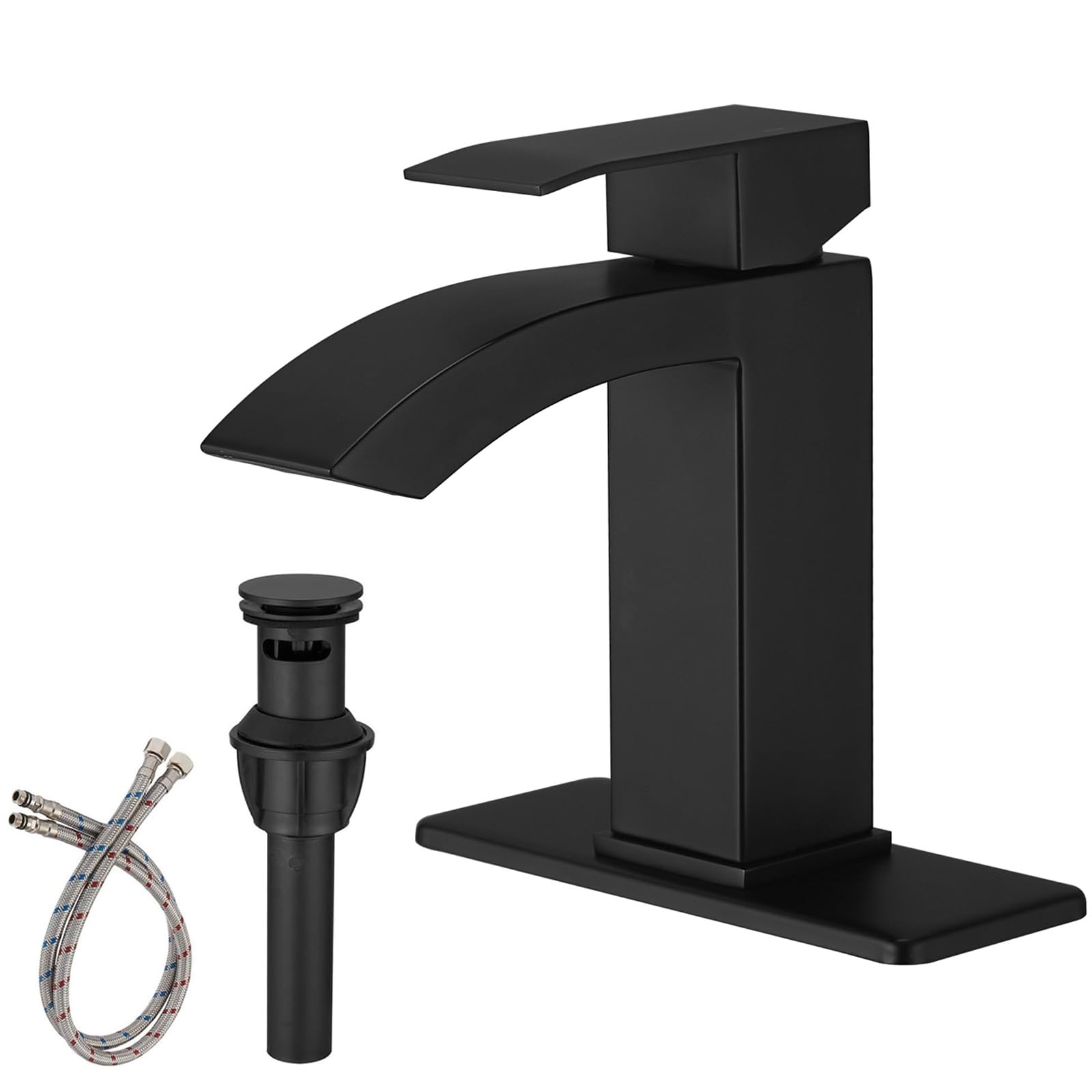 Bathfinesse Waterfall Bathroom Faucet, Black Stainless Steel Single Handle Lavatory Sink Faucet Vanity Deck Mount with Pop-up Drain
