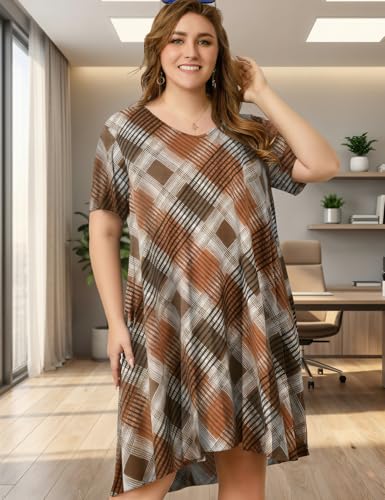 Image of OVERWORETY Womens Short Sleeve Plus Size T-Shirt Dress V Neck Casual Loose Swing A-Line Summer Tunic Dresses with Pockets