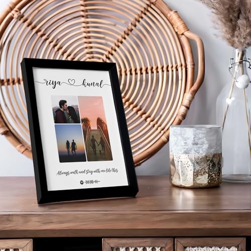 Image of Ritwika's Synthetic Wooden Personalized Pictures Collage Square Tabletop Photo Frame - Customizable Spotify Song & Photos - Plaque For Loved Ones, 7.5 x 9.5 Inch, Set of 1, Black