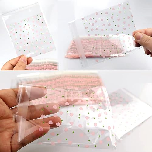 Miniatura 3 de 100 bolsas de celofán transparente con corazón rosa de San Valentín para suministros de panadería
