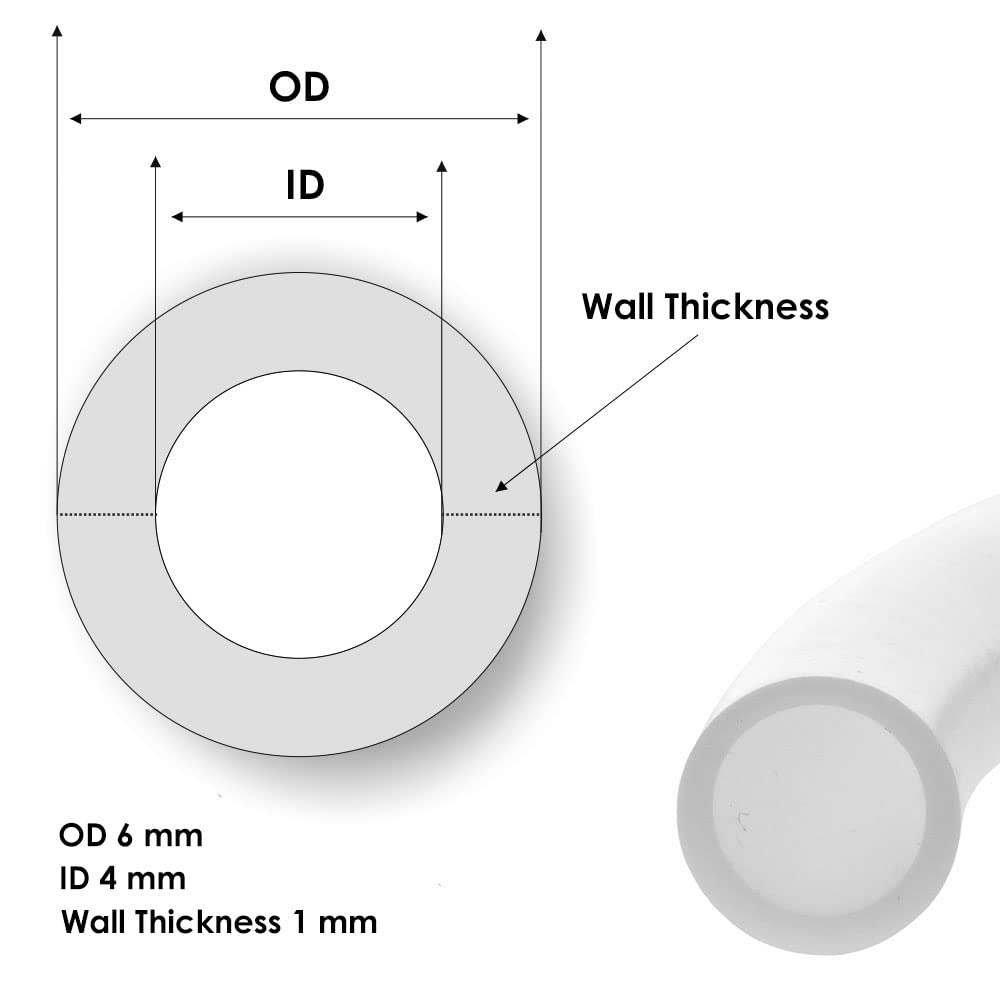 Tube en téflon PTFE (tuyau en PTFE 4 mm x 6 mm) 5 m – Tuyau PTFE pur granulés PTFE – Convient pour -70 °C à 260 °C – Résistant aux produits chimiques – Très faible coefficient de frottement