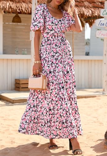 Image of PRETTYGARDEN Puff Short Sleeve Cewneck Floral Long Fall Dresses for Women 2025 Flowy Tiered Hem Maxi Wedding Guest Dress