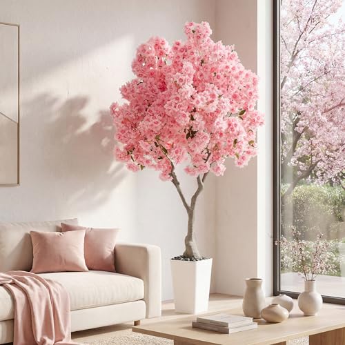 FSOHOI Artificial Cherry Blossom Tree, 7FT Fake Plants Indoor with Black Planter, Faux Pink Sakura Flowers Blooming Tree in Pot, Artificial Trees Silk Plant for House Room Office Entryway Porch Decor