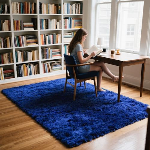 Area Rugs for Bedroom Living Room, 9x12 Soft Large Fluffy Fuzzy Shag Plush Furry Carpet, Soft Indoor Floor Mat for Kids Nursery Home Dorm Office Decor Aesthetic, Blue