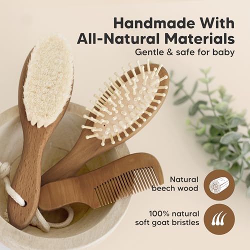 Image of Wooden Baby Hair Brush Set for Newborns, Toddler Comb (Dark Walnut, Regular) | Soft Goat Bristle, Baby Brush and Comb Set, Infant Grooming Kit, Cradle Cap Care, Durable & Gentle, Boy, Girl Bath Essential