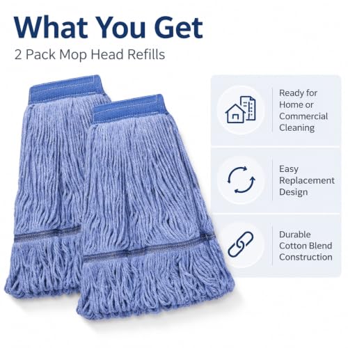 Image of 2 Pack Mop Head Replacement, Cleaning Heavy Duty Mop Head Commercial Replacement, Wet Industrial Blue Cotton Looped End String Head Refills, Heavy Mop Replace Head, for General and Floor Cleaning