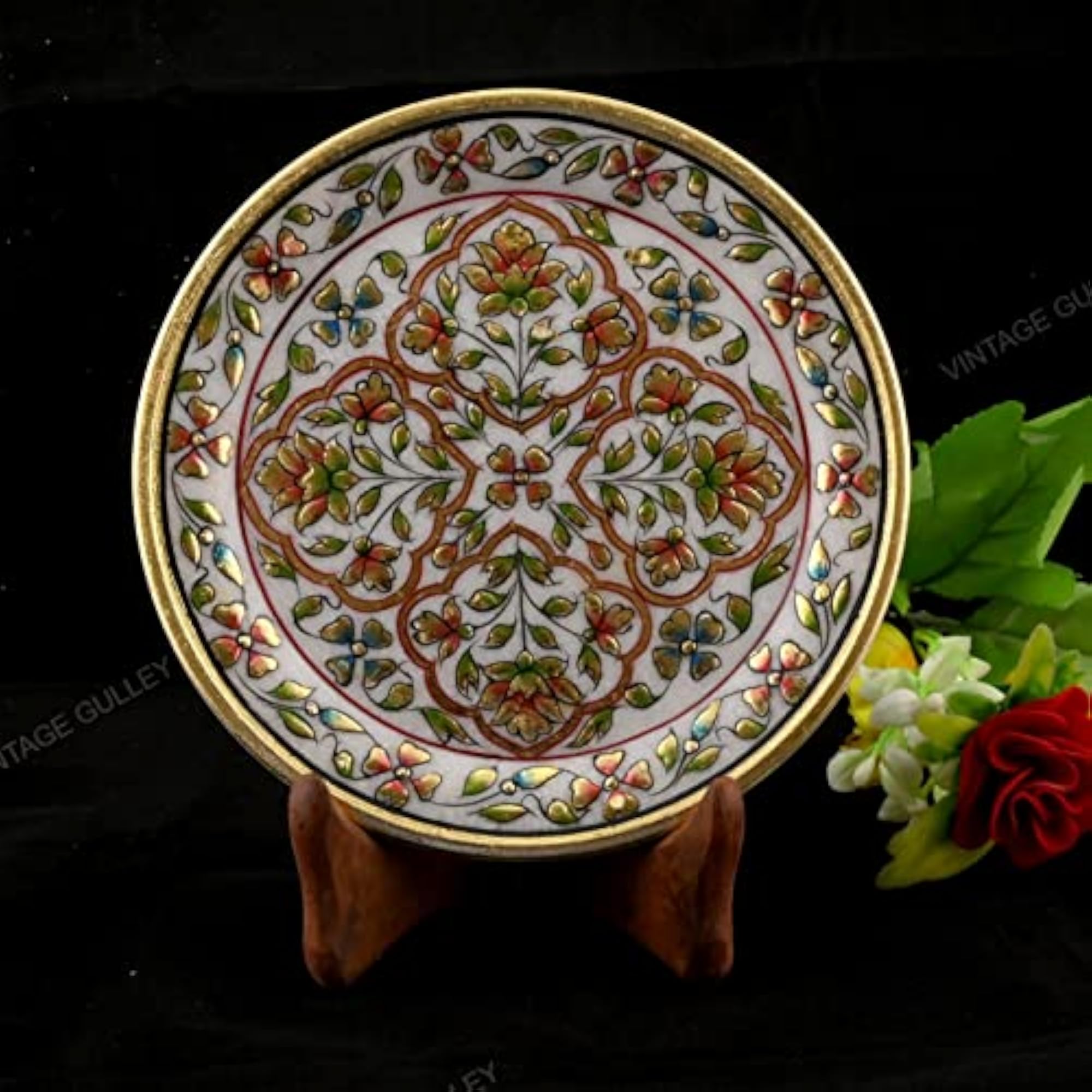 Gold Foil Work Round Marble Showpiece Plate with Stand