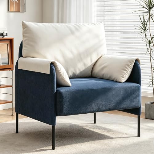 LSSPAID Accent Chair, Modern Comfy Linen Upholstered Armchairs with Removable Pillowed Back and Armrests, Sturdy Metal Frame Living Room Chair, Blue