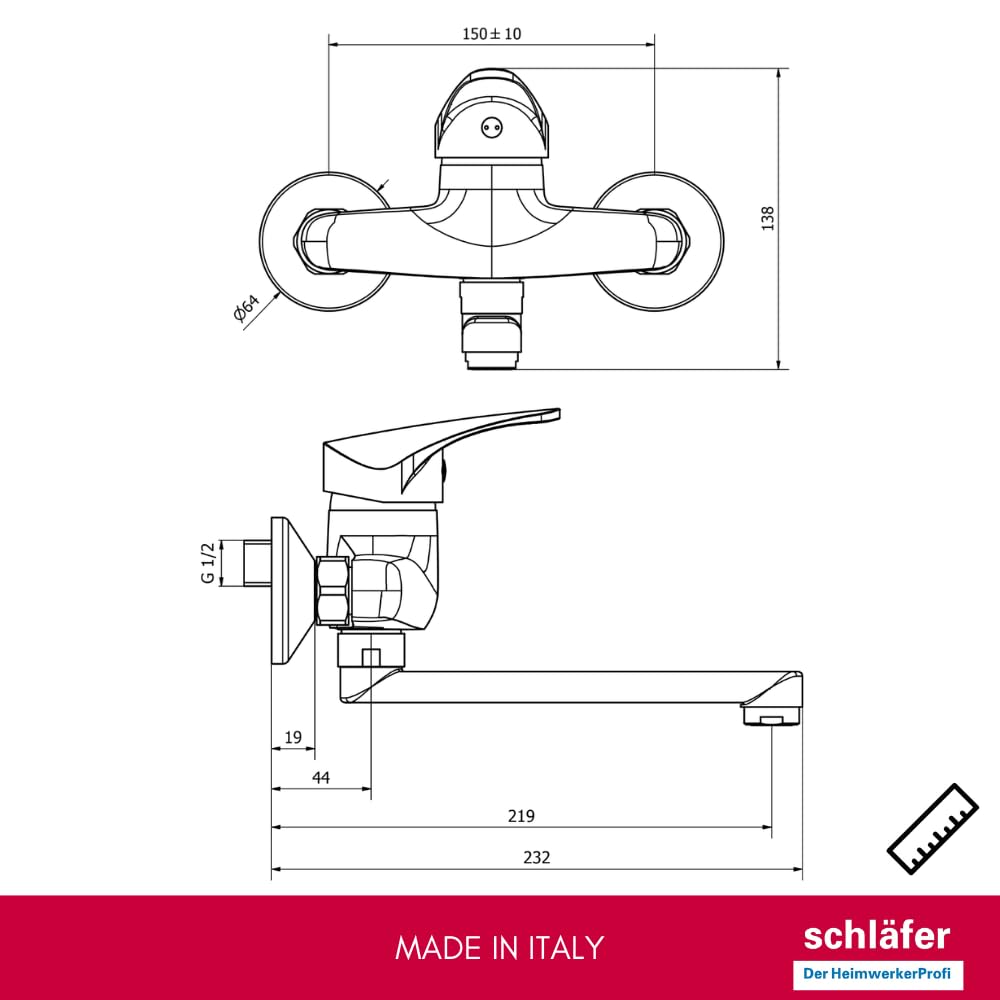 Schläfer 480110 | Miscelatore Lavello a Parete Start Cromo con canna girevole, Adatto la per Cucina, Bagno, Lavanderia, Rubinetto a Muro eccentrici a S - int. fori 15/17 cm