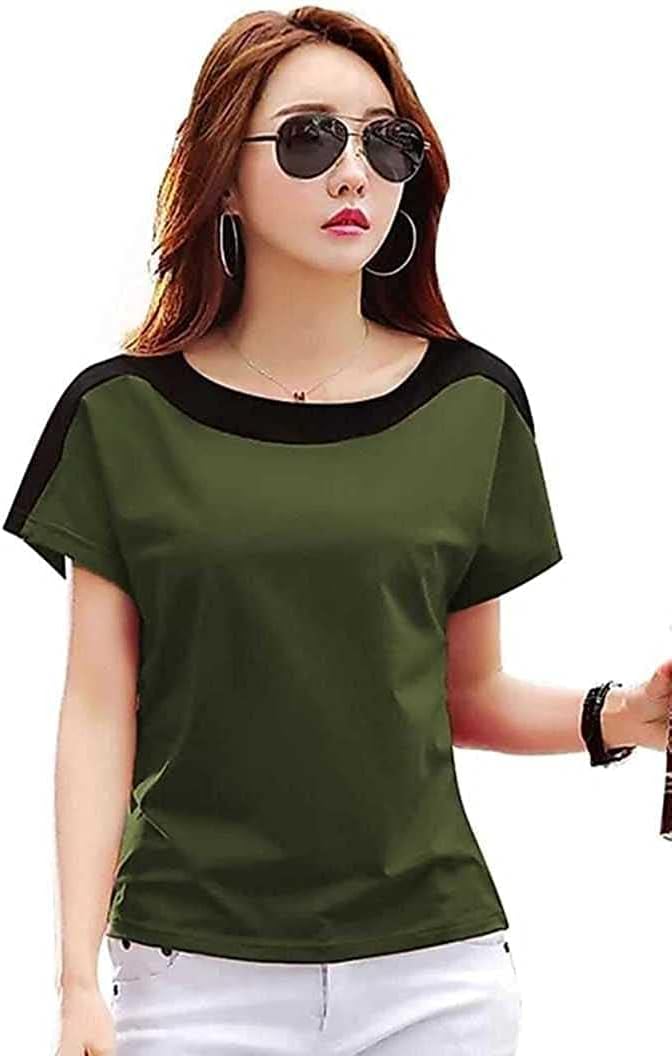 HEATHEX Cotton Blend Stripes Design On The Shoulder Comfortable Office Occasion Wear Regular Fit Scoop Neck Half Sleeves Casual T-Shirt for Women