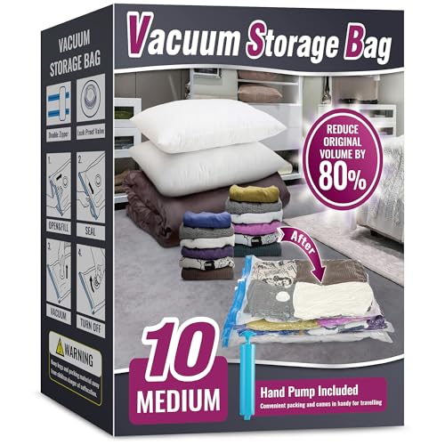 Oumaru Vacuum Storage Bags for Clothes, 10 Pack Vacuum Bags, Space Saver Bags for Clothes, Duvets and Pillows, Hand Pump Included (Medium)