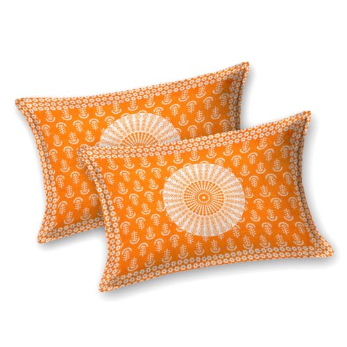 Image of RajasthaniKart Pure 100% Cotton Double Bed Sheet with 2 Pillow Covers (Bedsheet for Double Bed Cotton, Jaipuri, King Size Orange Mandala)