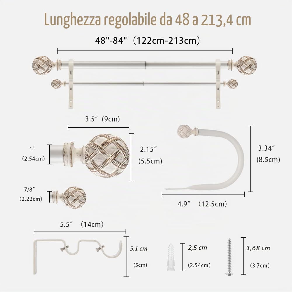 Ycolnaefllr Set Di bastone tende doppio, Diametro 2,5 cm - Estensibile - Regolabile Da 121 Cm A 213 Cm Bianca
