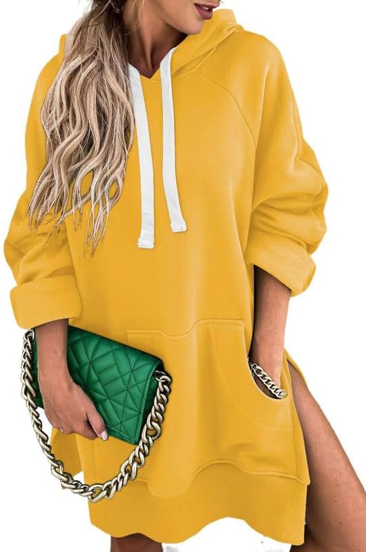 SHEWIN Women's Oversized Casual Pullover Long Sleeve Split Hem Drawstring Hoodies Dress With Kangaroo Pocket - Image 2