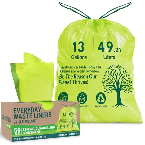 Image of Biodegradable 13-Gallon Kitchen Waste Bags (50-Pack) | Strong, Heavy-Duty Tall Trash Bags w /Drawstring | Fits Most Standard 13-Gallon (49.21 L) Cans | Eco-Friendly D2W, 30 Microns Thick, 29.5 inch x 24 inch