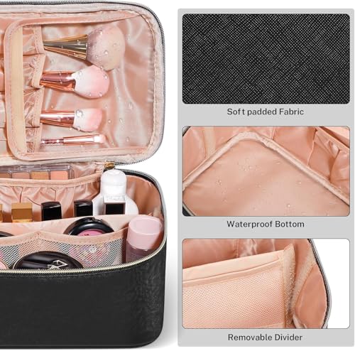 LSLCQW Makeup Bag, Portable Cosmetic Bag, Large Capacity Travel Makeup Case Organizer, Black For Women Toiletry Bag for Girls Traveling With Handle and Divider (Black) — view 5