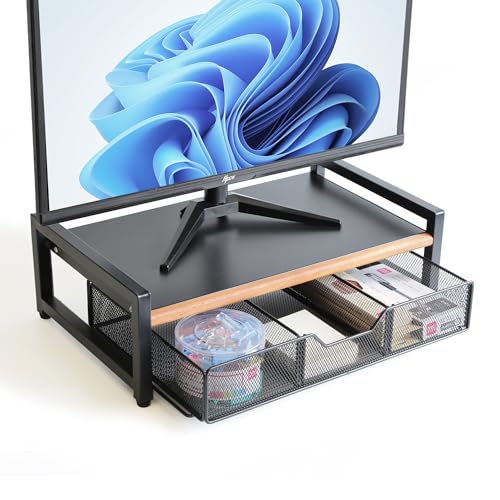 WILDMOS Monitor Riser,Monitor Stand for Desk -Metal Computer Riser with Solid Wood Decorative Strips.Desk Storage for Office, Home (with Storage)