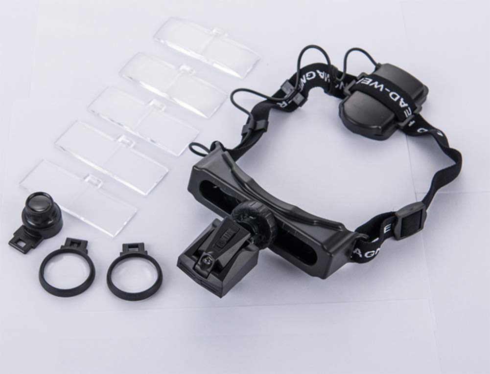Stirnlupe mit LED-Beleuchtung, Leselupe zur Befestigung am Kopf, Lupe für Juwelier/Uhrmacher, 8 austauschbare Linsen, Schwarz, Liebesgeschenk.