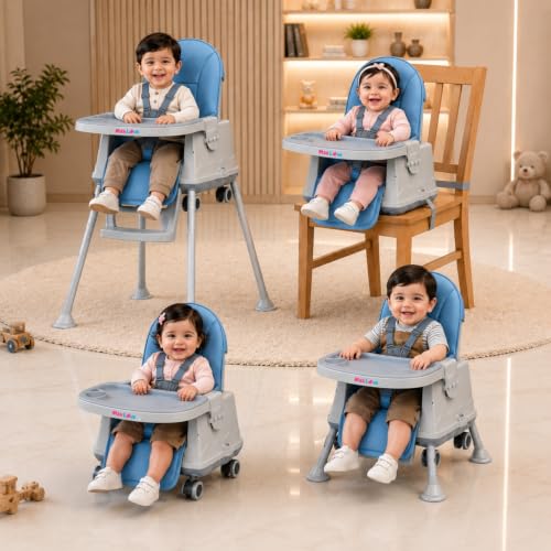 Image of Maa Love 4-in-1 Baby High Chair for 0-5 Years, Adjustable Height Feeding Chair with Detachable Tray, One-Hand Fold, Multifunctional High Chair (Blue)